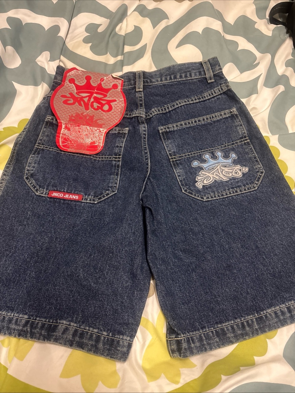 JNCO NEW VINTAGE Sz 16 Blue Denim SKATER y2k Shorts with Red Logo Patch n CROWN